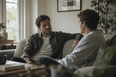 Two people in a calm, supportive conversation