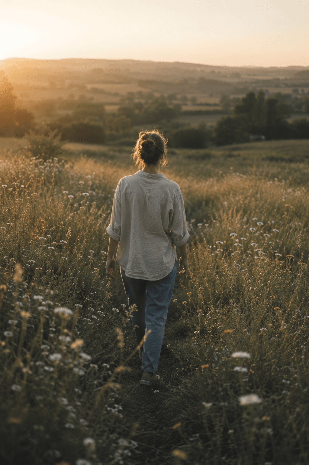 Person walking alone in an open meadow, representing the journey of acknowledging difficulty